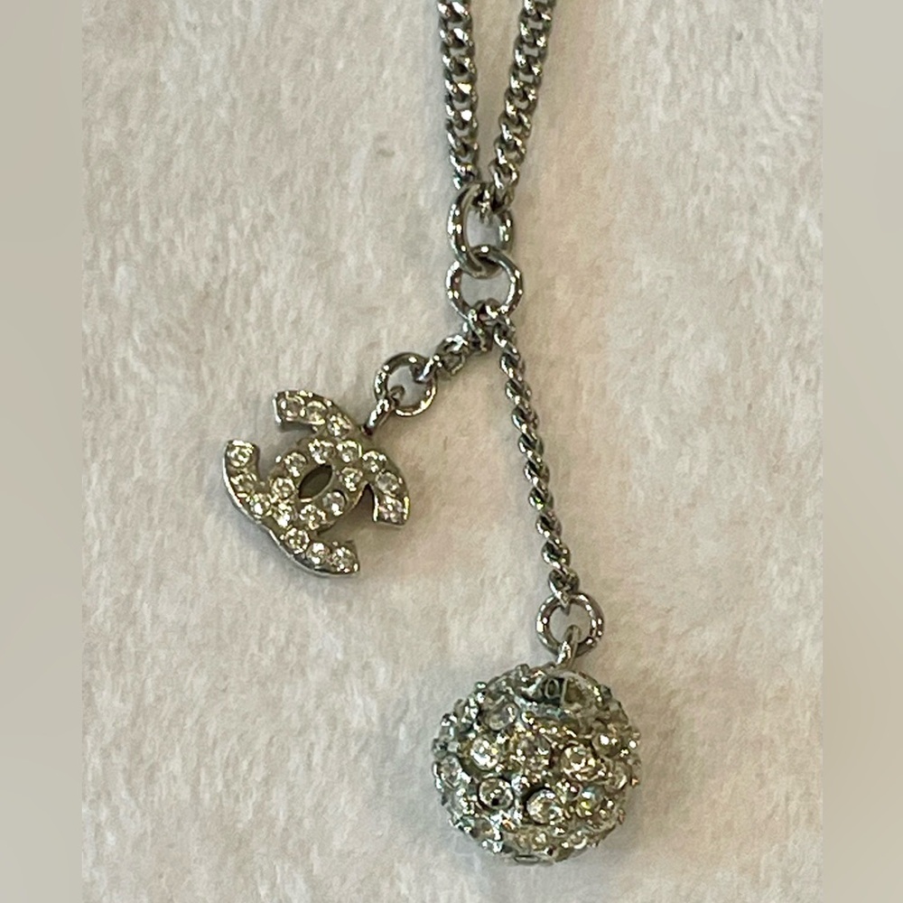 COPY CHANEL Paladium Plated and Strass CC &Ball Drop Pendant Necklace, 23.5”, - Picture 4 of 11